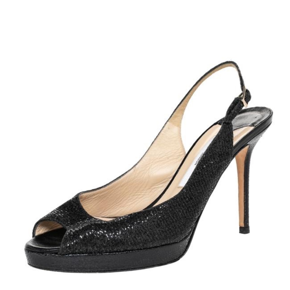 Jimmy Choo black glitter fabric sling back heels